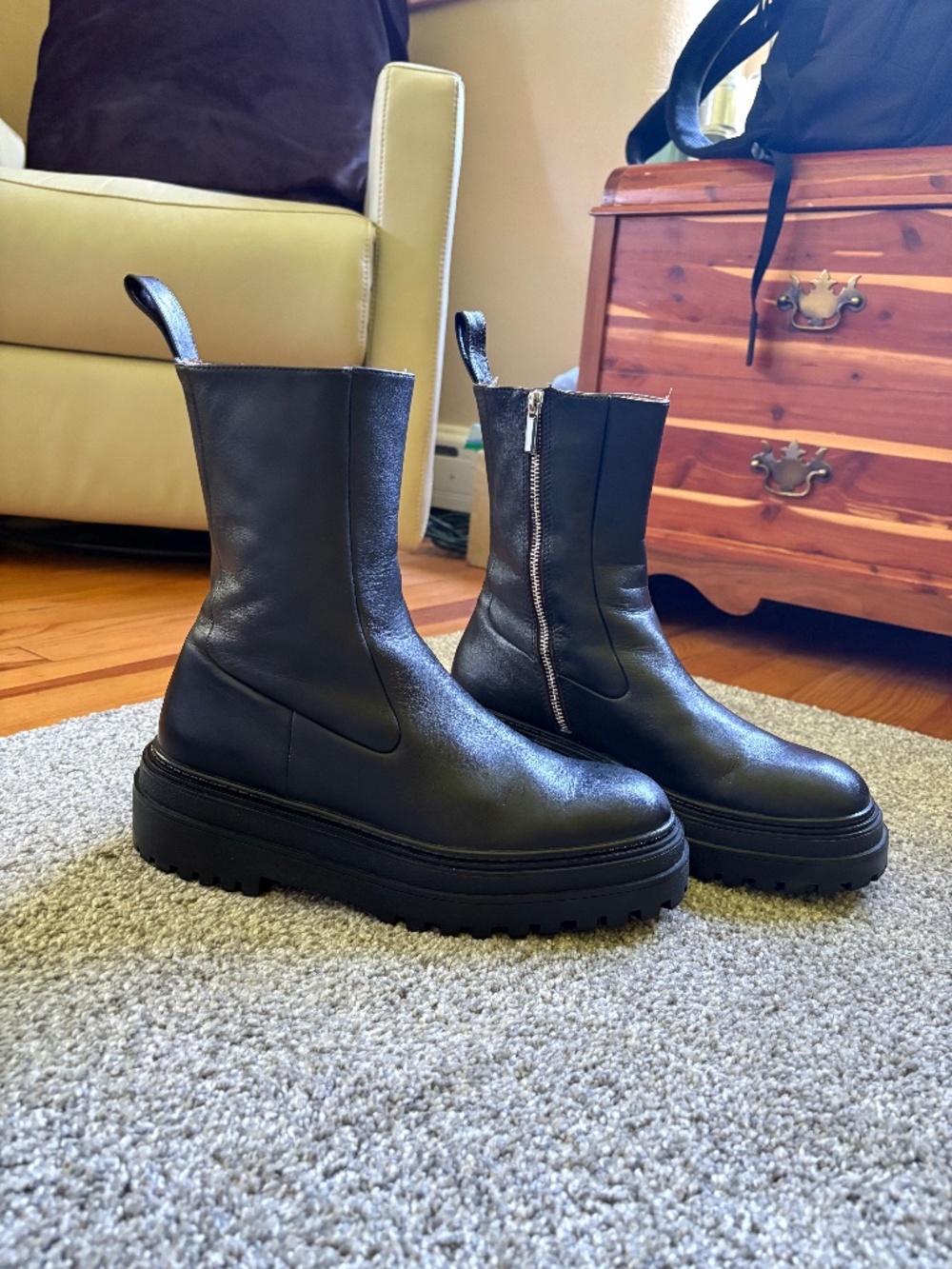 Zara Chunky Black Leather Moto Boots - Picture 1 of 7
